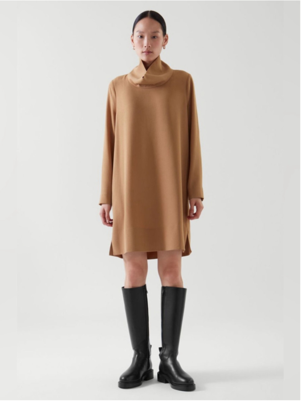 COS High Neck Dress Camel Long Sleeve Cowl Neck Shift Large